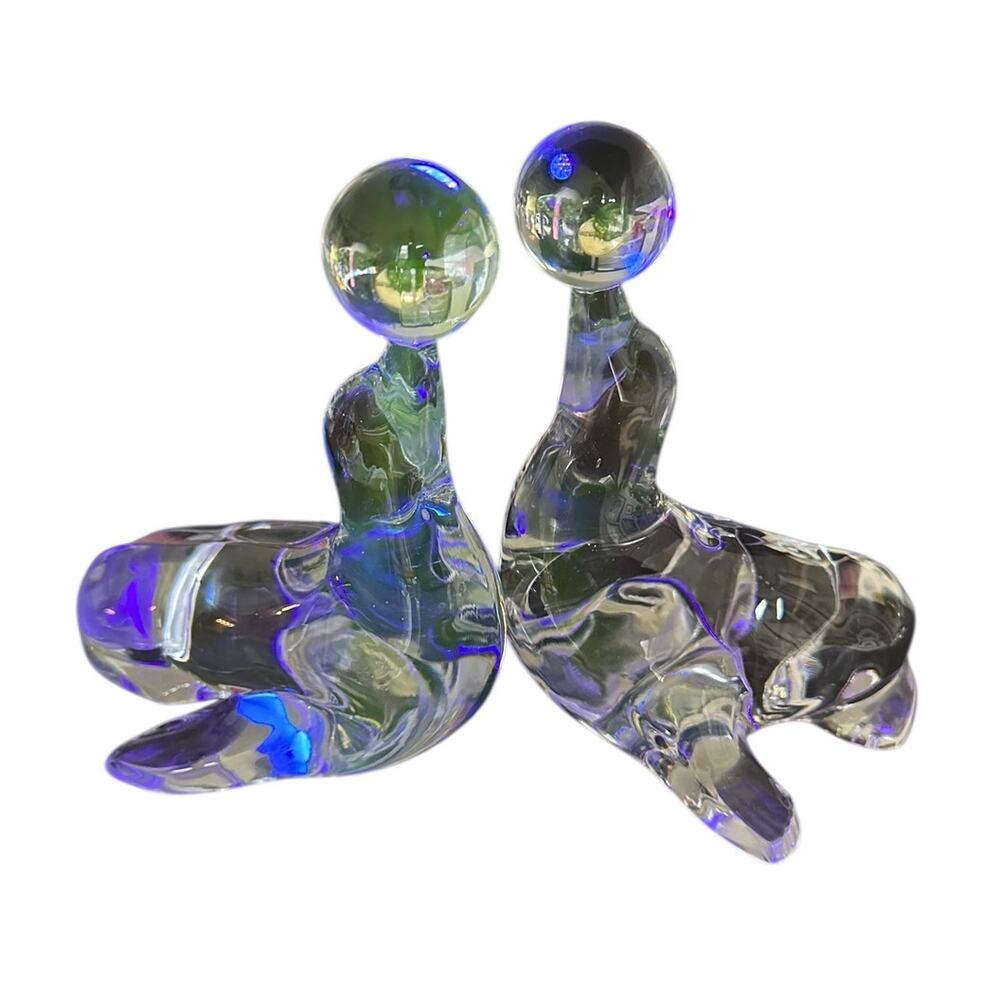 2 New Martinsville Viking Glass Figurines Decorative Seals Light Green Glow 7”